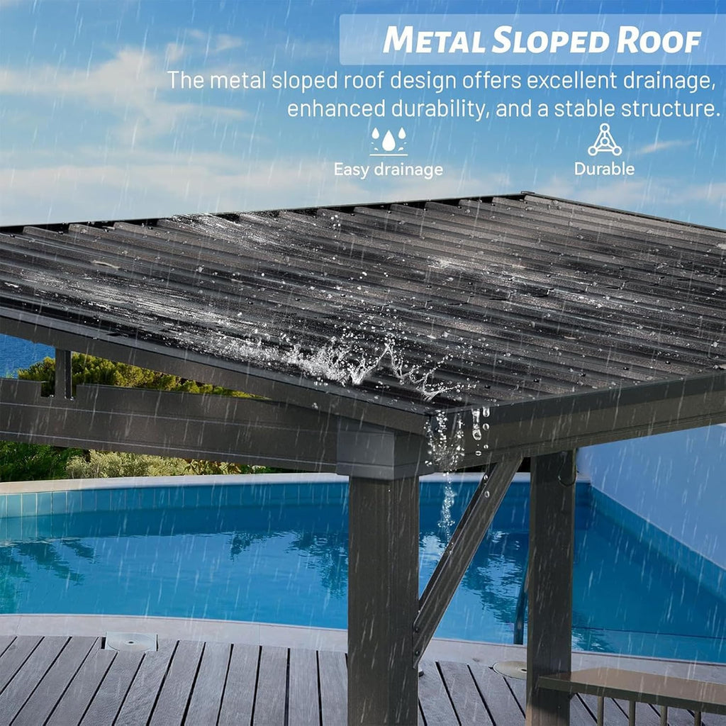 Hardtop Grill Gazebo, 2 Side Shelves & Ceiling Hooks, Permanent Outdoor BBQ Canopy with Galvanized Steel Roof, Metal All-Steel Frame for Patio, Backyard, Deck, Lawn, (Gray, 6.5x12FT Sloping Roof)