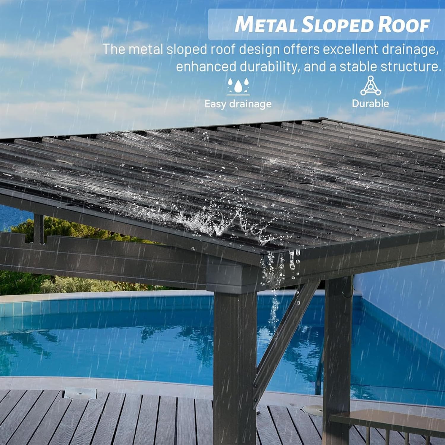 Hardtop Grill Gazebo, 2 Side Shelves & Ceiling Hooks, Permanent Outdoor BBQ Canopy with Galvanized Steel Roof, Metal All-Steel Frame for Patio, Backyard, Deck, Lawn, (Gray, 6.5x12FT Sloping Roof)