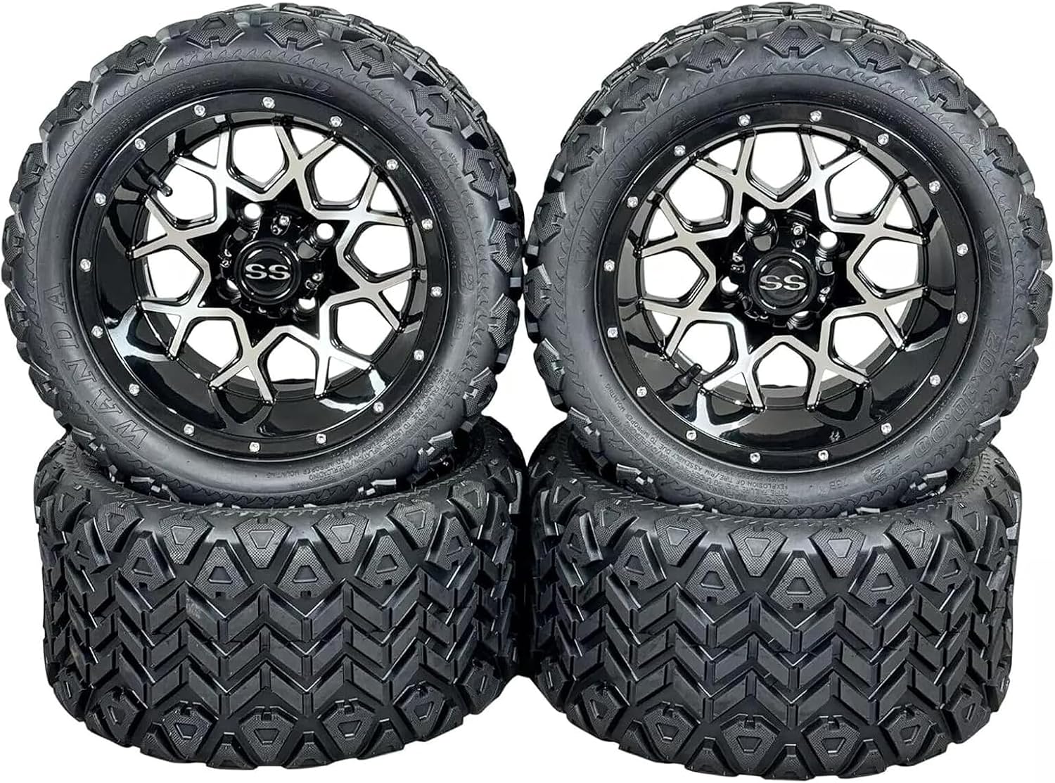 12 Inch Deep Dish Machined Golf Cart Wheels & Tires Set of 4, 20x10-12 All Terrain Tires, DOT Certified Golf Cart Wheels Compatible with EZGO, Club Car, YMH