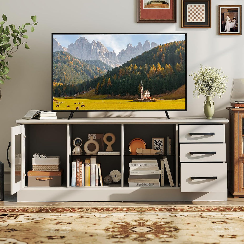 Tangkula Farmhouse TV Stand for 75 Inch TVs, 63' Media Console Table with 3 Drawers, 2 Glass Shelves & Cable Holes, Modern Wooden Entertainment Center for Living Room, Bedroom (Gray)