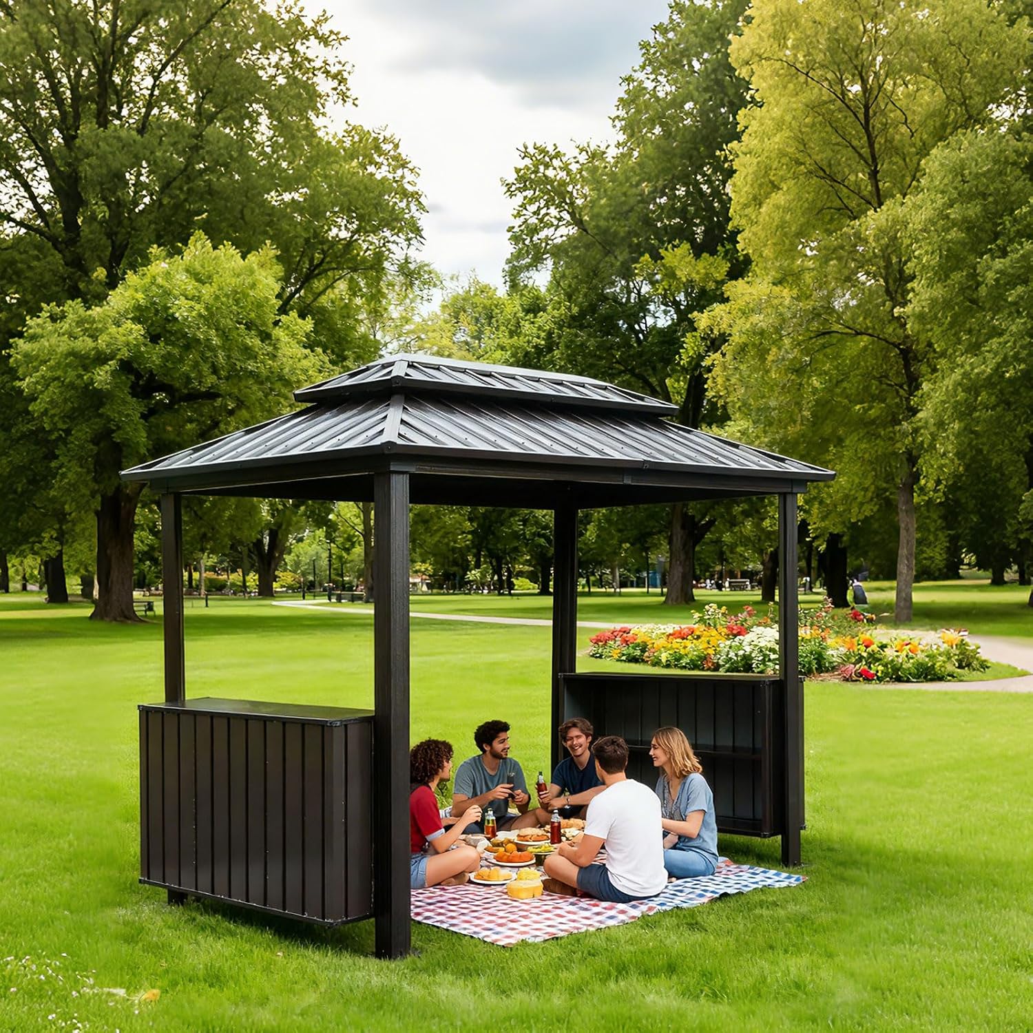 Hardtop Grill Gazebo, 2 Side Shelves & Ceiling Hooks, Permanent Outdoor BBQ Canopy with Galvanized Steel Roof, Metal All-Steel Frame for Patio, Backyard, Deck, Lawn, (Gray, 6x10FT Classic Roof)