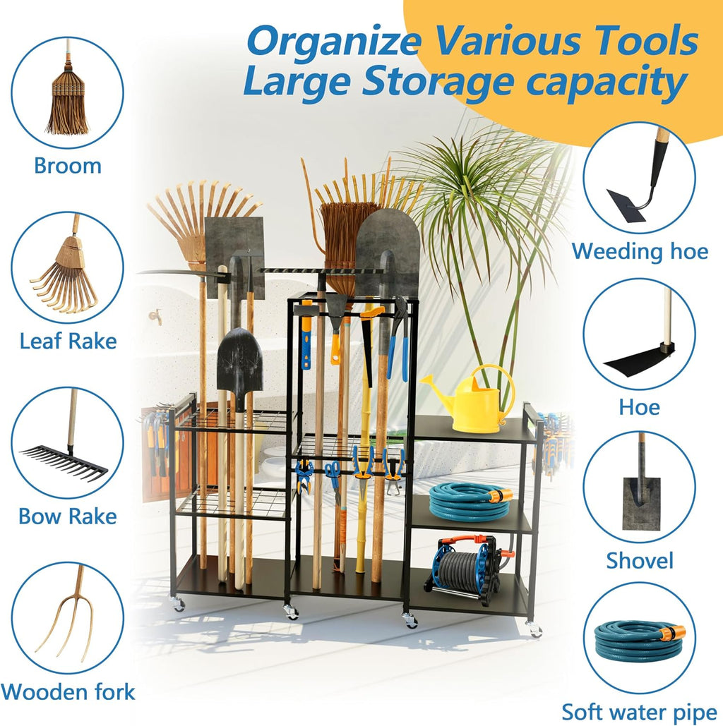 ROGMARS Garden Tool Organizer with Wheels for Garage,49' Heavy Duty 3 Tier Yard Tool Holder Storage Rack with Large Hooks for Shed/Yard/Broom/Lawn/Long-Handled Garden Cart