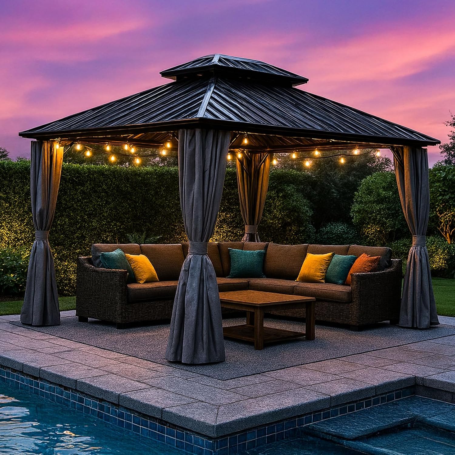 10x10 Hardtop Aluminum Gazebo, Outdoor Metal Gazebo with Netting & Curtains - Heavy Duty Iron Roof for Patios, Waterproof & Snow Load Resistant (Double Hardtop with Curtain & Netting)