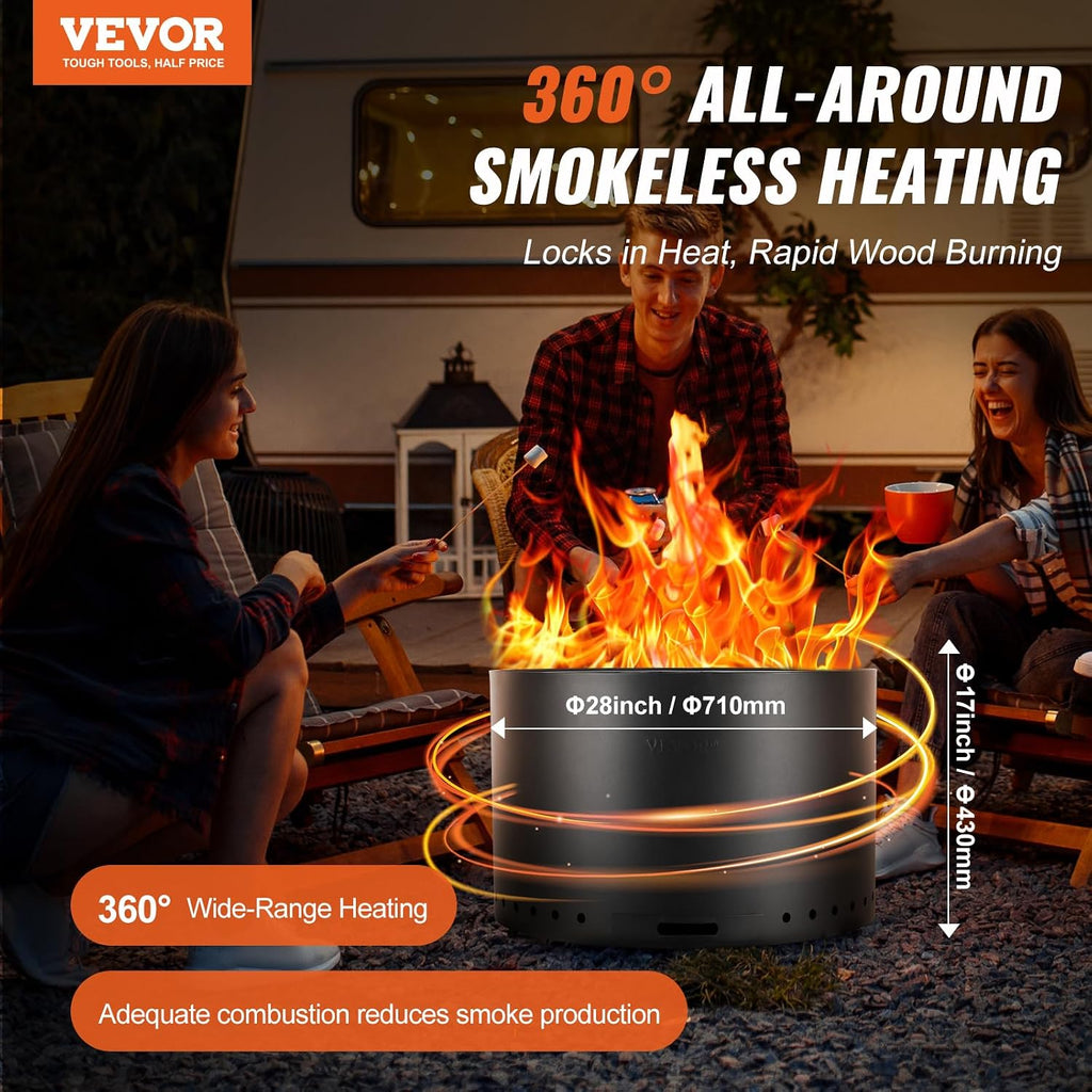 VEVOR Smokeless Fire Pit Stove Bonfire, H: 17 in x Dia: 28 in,Wood Burning Fireplaces with Removable Ash Pan, SUS430 Stainless Steel Inner Portable Outdoor Firepit,for Outdoor Patio Camping, Black