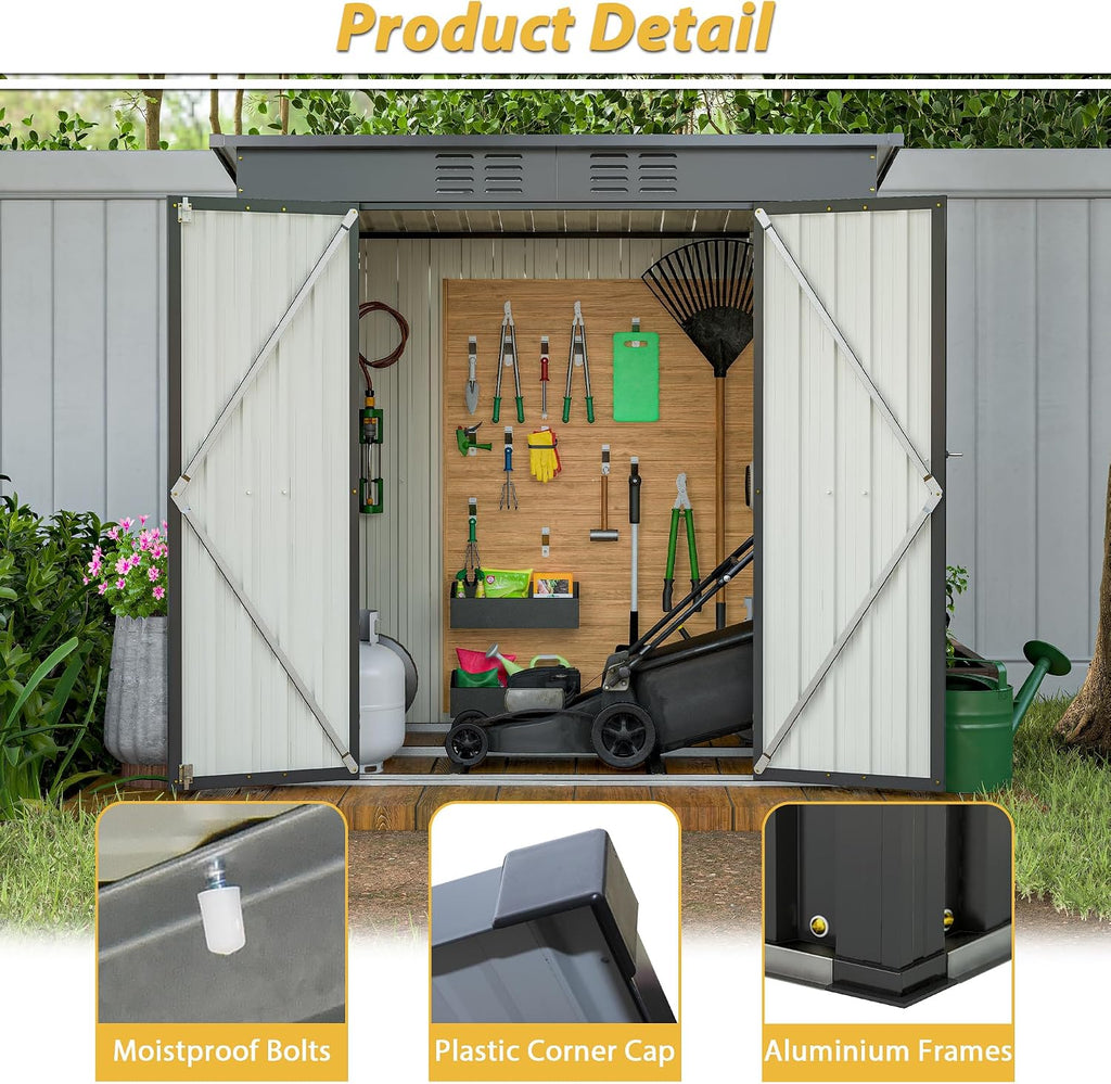 6x4 FT Shed Outdoor Storage Metal Large Garden Tool Sheds with Lockable Doors Floor Frame Sloped Roof Waterproof Steel Utility Equipment Shed for Backyard Patio Lawn Poolside, Black