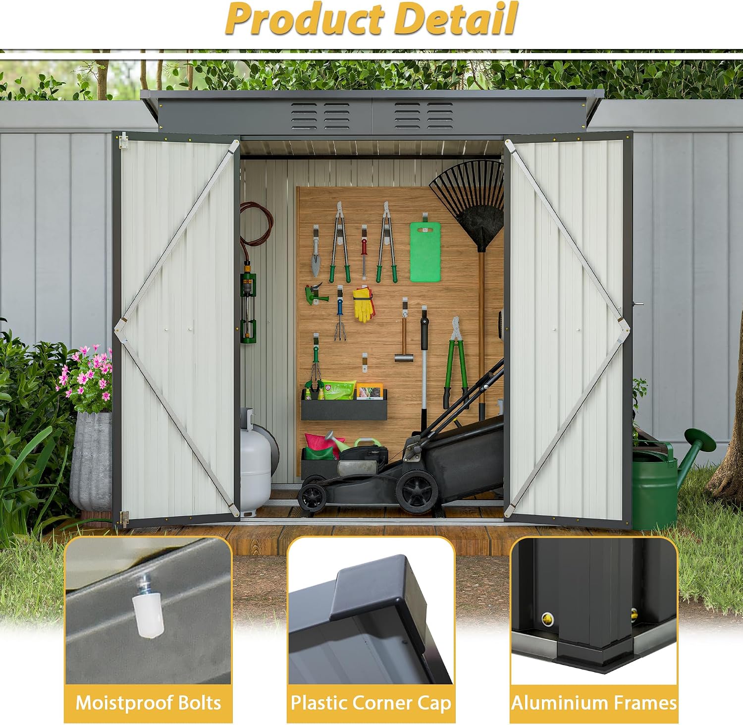 6x4 FT Shed Outdoor Storage Metal Large Garden Tool Sheds with Lockable Doors Floor Frame Sloped Roof Waterproof Steel Utility Equipment Shed for Backyard Patio Lawn Poolside, Black