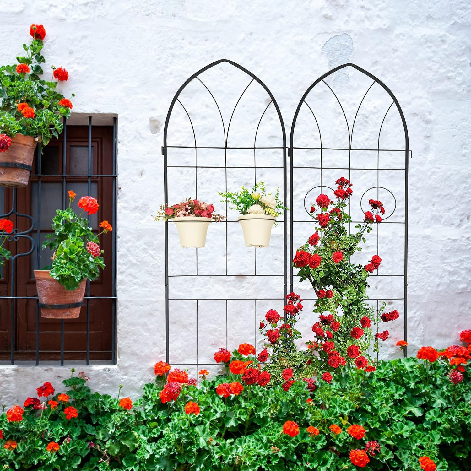 78.7'x80' 4 Pack Metal Garden Trellis with Galvanized Tube,Vines Plant Rose Vegetable Support,w/ 2 Pot Holders,Large Decorative Outdoor Trellis,for Backyard,Farm,Black