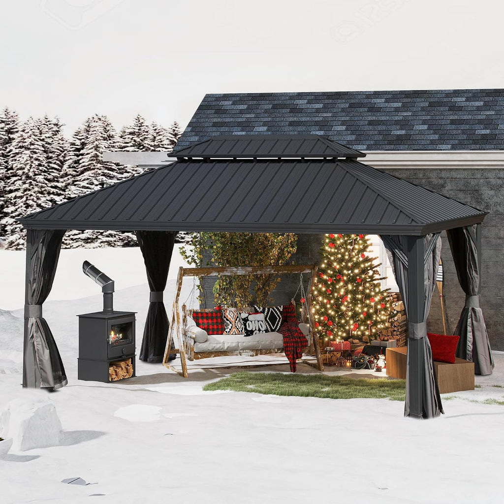 Domi 10x14FT Hardtop Gazebo, Outdoor Gazebo with Double Galvanized Steel Roof, Metal Pavilion Shelter for Patio, Lawn and Garden, Detachable Curtain and Netting Included, Gray