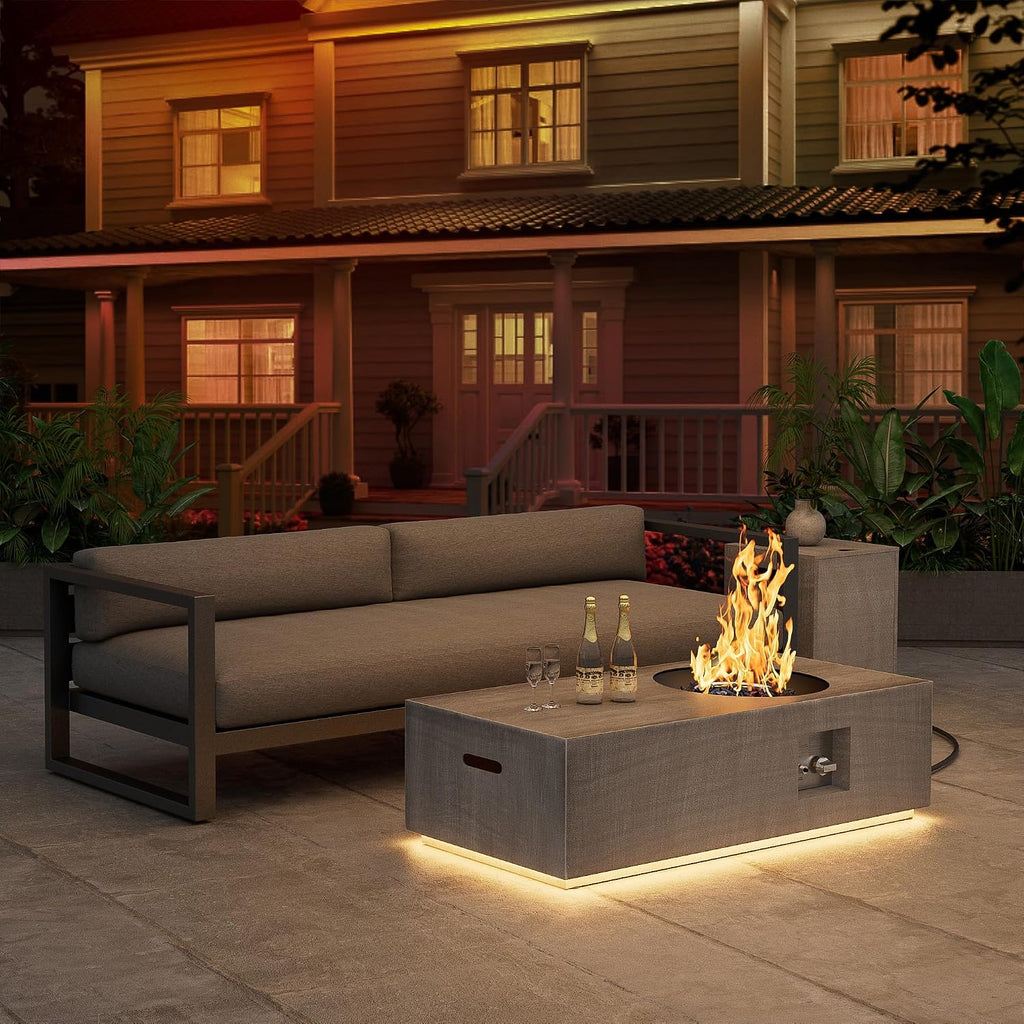 SUNPEAK 48' Outdoor Propane Fire Pit with Round Burner and Lights - 50,000 BTU Fire Pit Table with Lid, Rocks, Cover & Tank Storage - Patio and Deck Gas Fire Pit (Light Grey/Golden Light, 48' LED)