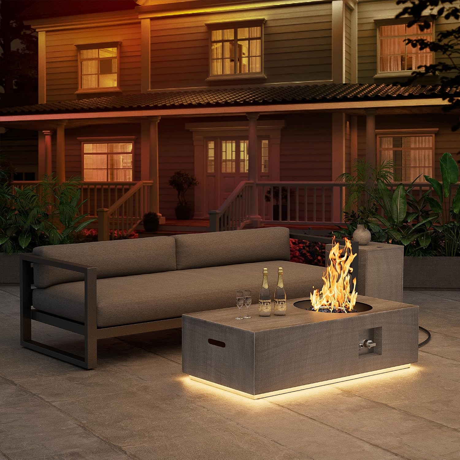 SUNPEAK 48' Outdoor Propane Fire Pit with Round Burner and Lights - 50,000 BTU Fire Pit Table with Lid, Rocks, Cover & Tank Storage - Patio and Deck Gas Fire Pit (Light Grey/Golden Light, 48' LED)