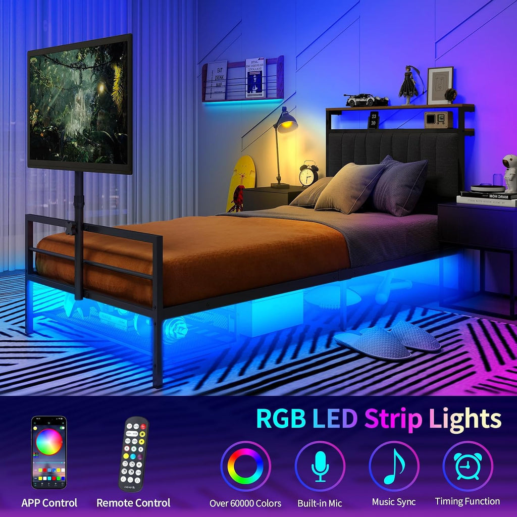 Twin Size Gaming Bed Frame with Storage Headboard,Black Metal Twin Bed Frame with LED Light Rotating TV Mount Charging Station,College Dorm Room Essential for Gaming Teen Boys Kids,Heavy Duty