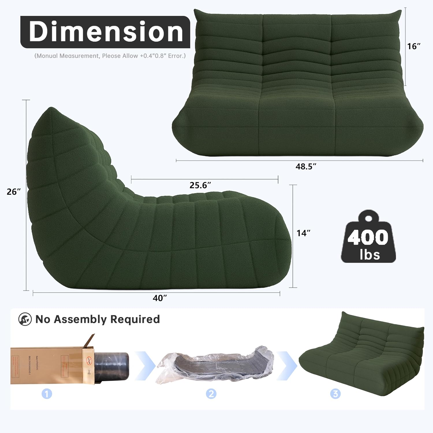 WHGBJA Bean Bag Chairs for Adults, Memory Foam Couch Loveseat Sofa Chair, Soft Teddy Material Cozy Comfy Reading Nook Chairs, Floor Chair for Living Room Bedroom Office