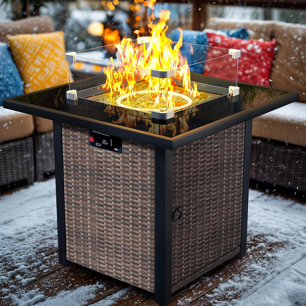 Propane Fire Pit Table, Outdoor Fire Pit Table, 28' Rattan Square Outdoor Gas FirePit with Glass Wind Guard, Tempered Glass Tabletop, Lid, CSA Listed, 50,000 BTU, Outside Patio Deck & Garden, Brown