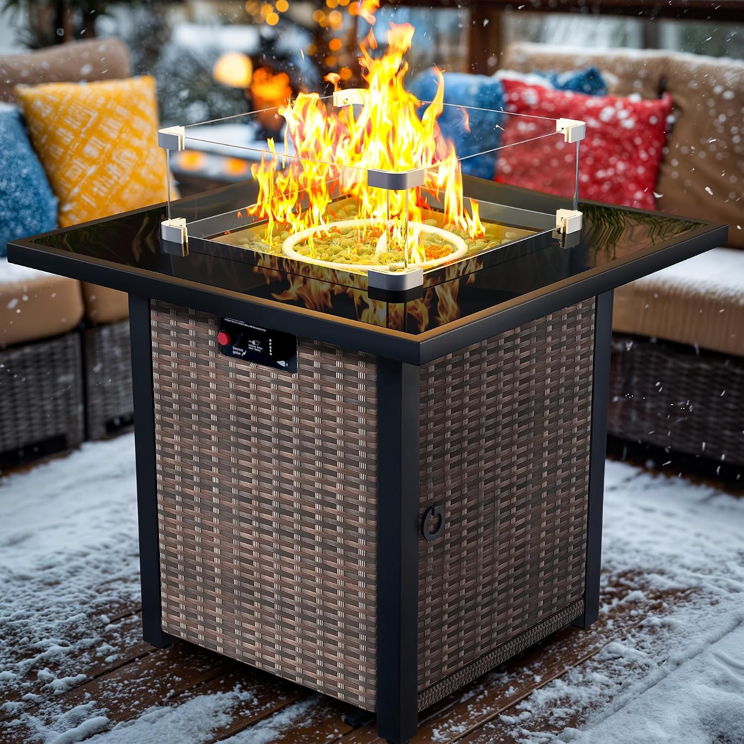 Propane Fire Pit Table, Outdoor Fire Pit Table, 28' Rattan Square Outdoor Gas FirePit with Glass Wind Guard, Tempered Glass Tabletop, Lid, CSA Listed, 50,000 BTU, Outside Patio Deck & Garden, Brown