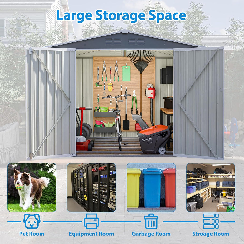 8x6 FT Outdoor Waterproof Garden Tool Storage Sheds with Metal Foundation with Floor Frame, Tool Shed with Lockable Hinged Doors & Air Vents, Storage House Waterproof for Backyard, Lawn, Gray