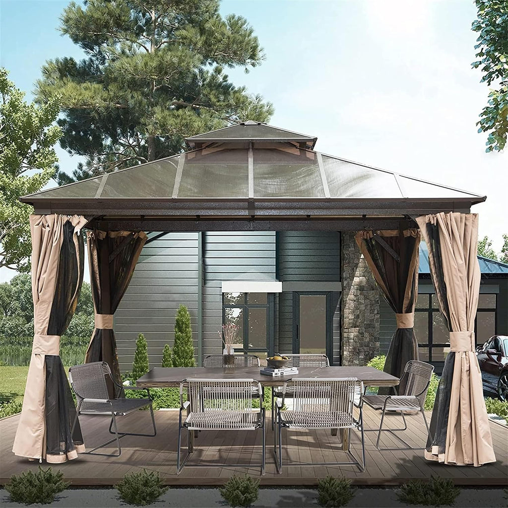 12x12Ft Hardtop Gazebo Outdoor Patio Gazebos with Polycarbonate Double Roof Aluminum Frame Pavilion with Curtain and Netting for Garden Patio Lawns Deck Backyard, Brown