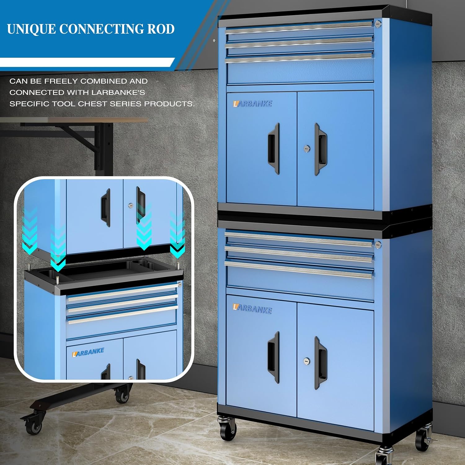 LARBANKE Rolling Tool Chest with Lock&Keys,360° Wheels and Drawer Liners,Tool Cabinet with 3 Drawers&2 Doors,Tool Cabinet Equipped with Connecting Rods for Stacking with 5&7-Drawer Chest