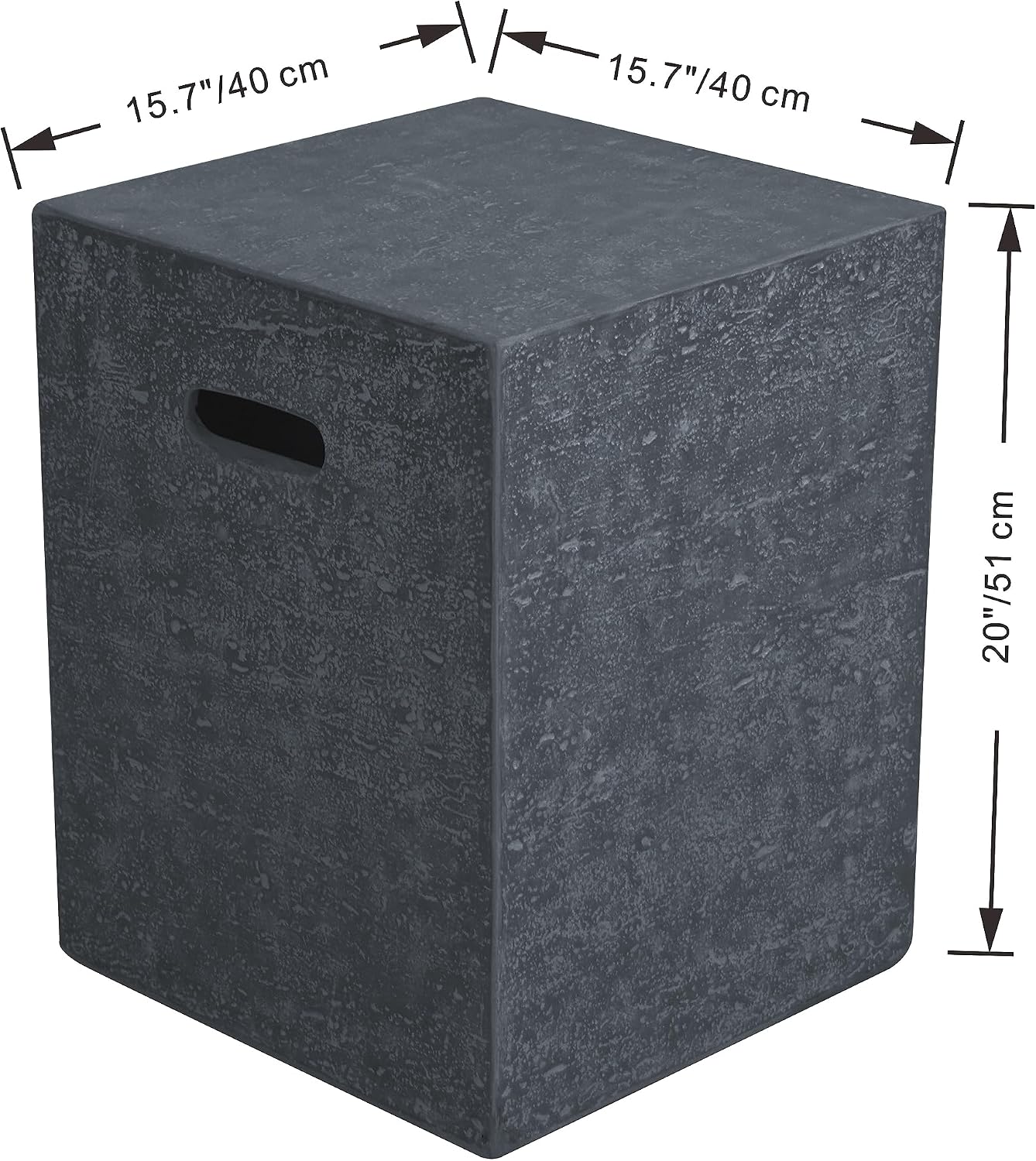 AMS Fireplace | Elementi Square Travertine Dark Gray 20 lbs Propane Tank Cover | Concrete GFRC Base | Dimensions: 15.7 x 15.7 x 20 inches | Perfectly Matches with Cannes Fire Pit Table.