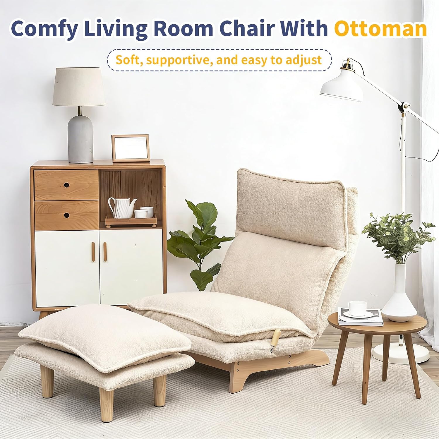 Beige Lazy Floor Lounger with Ottoman, Adjustable Floor Chair Bean Bag Style Tatami Sofa with Thick Cushions and Back Support, Comfy Lounge Seating for Adults, Gaming & Bedroom Relaxation