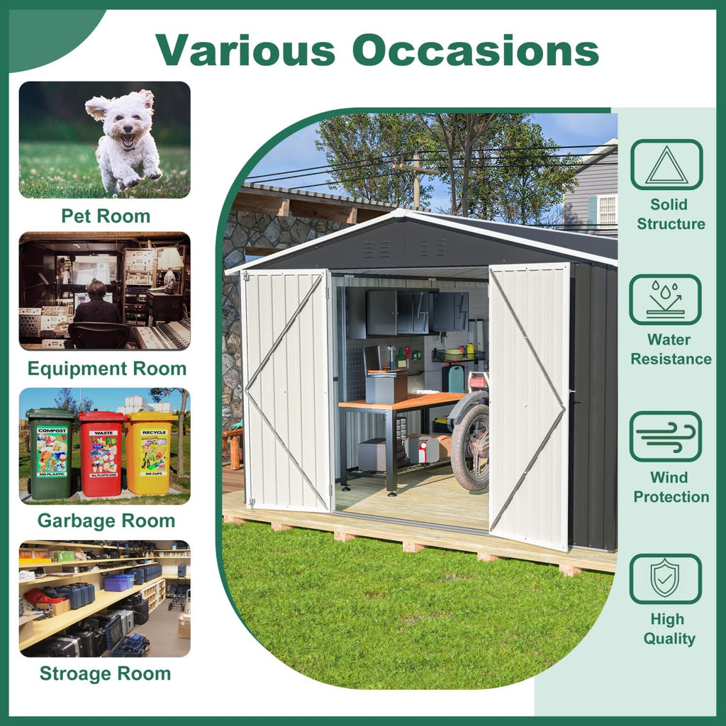 Outdoor Storage Shed 10x12 FT, Metal Tool Storage with Lockable Doors and Reinforced Frame, Black