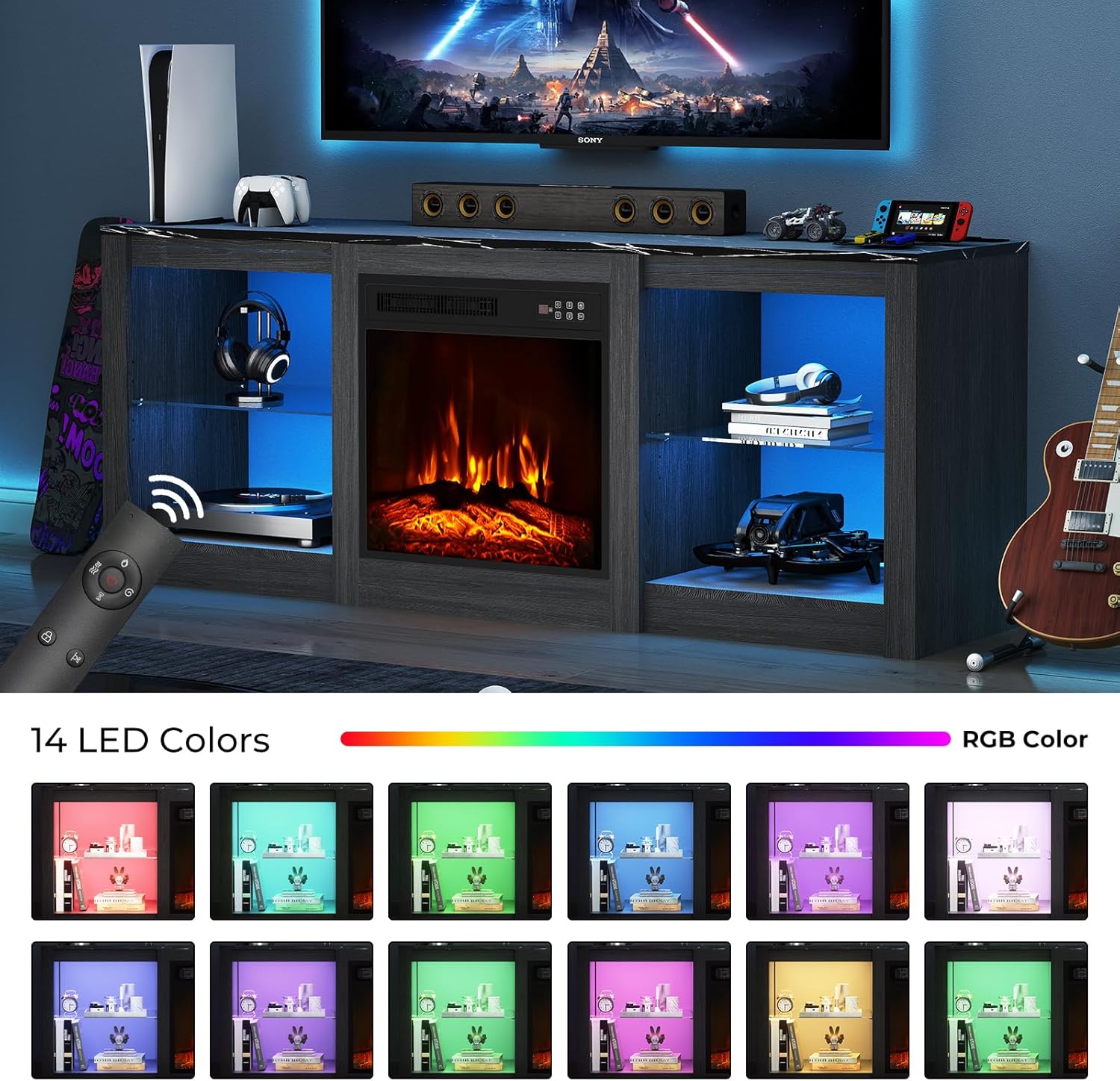 Electric Fireplace TV Stand for TVs Up to 65', 58' Entertainment Center Console Table with 18' Fireplace/LED Light/Power Outlet/Adjustable Shelves/Faux Marble Top for Living Room, Black