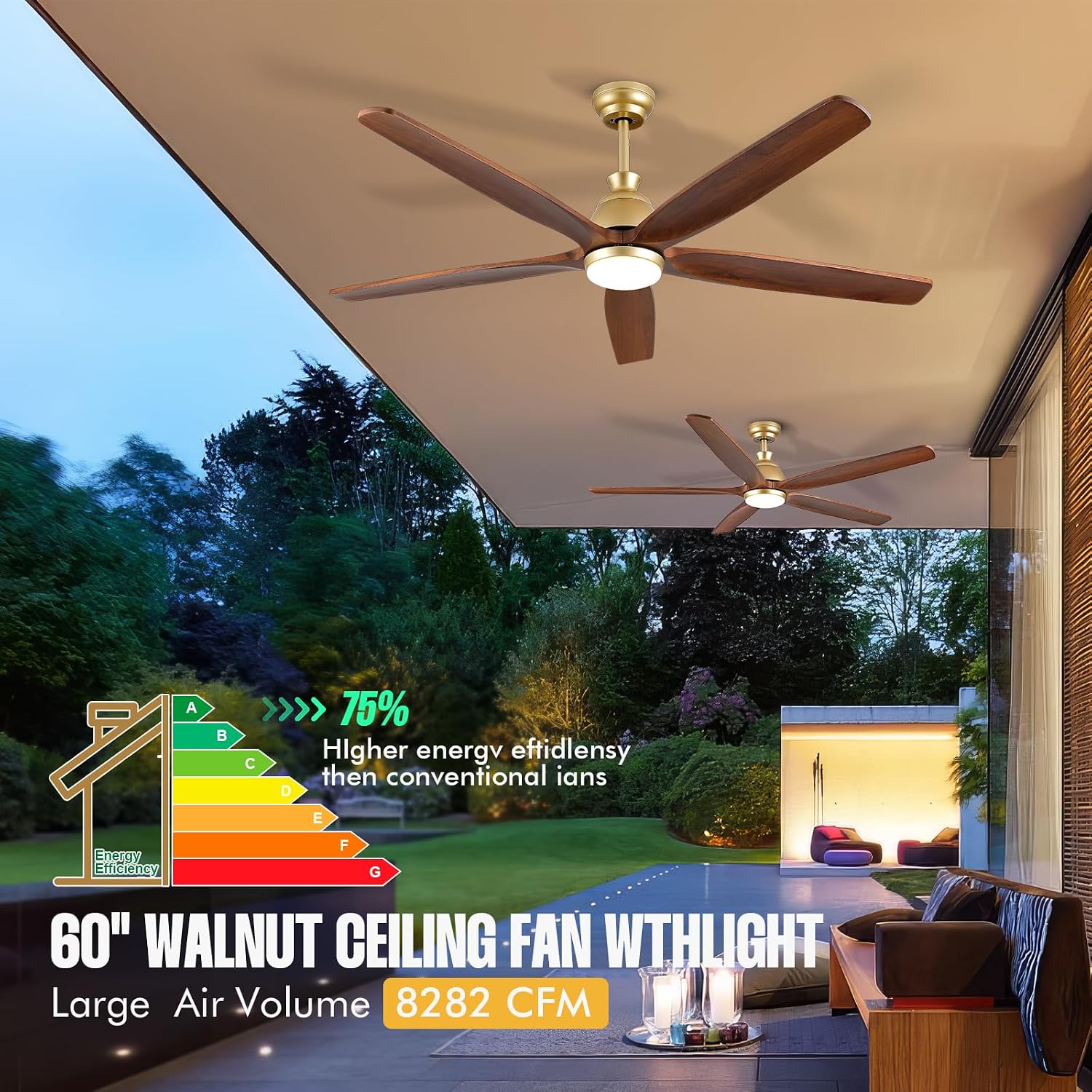 52 Inch Gold Ceiling Fan with Light, Rustic Wood Ceiling Fans with Lights Remote Control Reversible Quiet DC Motor, Indoor Exterior Ceiling Fan for Patios Porch Gazebo Living Room, Dimmable, 3CCT