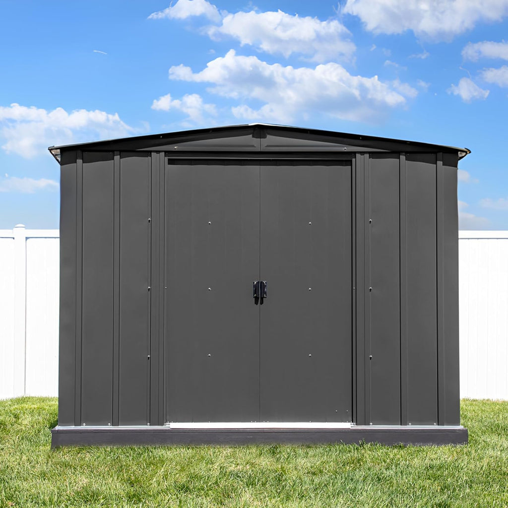 8x8 Metal Outdoor Galvanized Steel Storage Shed with Sliding Double Lockable Doors for Backyard or Patio Storage of Bikes, Grills, Supplies, Tools, Toys, for Lawn, Garden, and Camping, Dark Grey