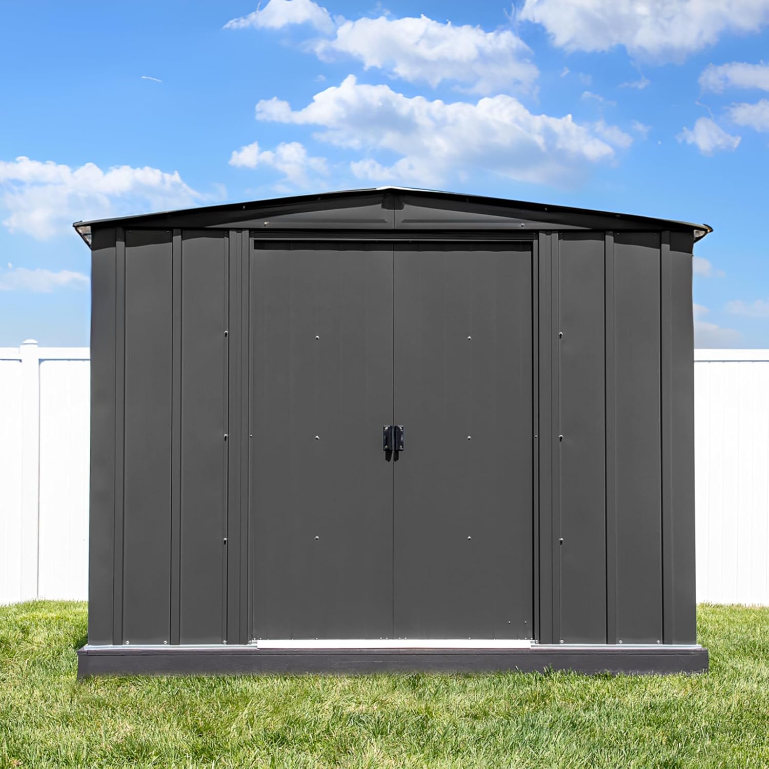 8x8 Metal Outdoor Galvanized Steel Storage Shed with Sliding Double Lockable Doors for Backyard or Patio Storage of Bikes, Grills, Supplies, Tools, Toys, for Lawn, Garden, and Camping, Dark Grey