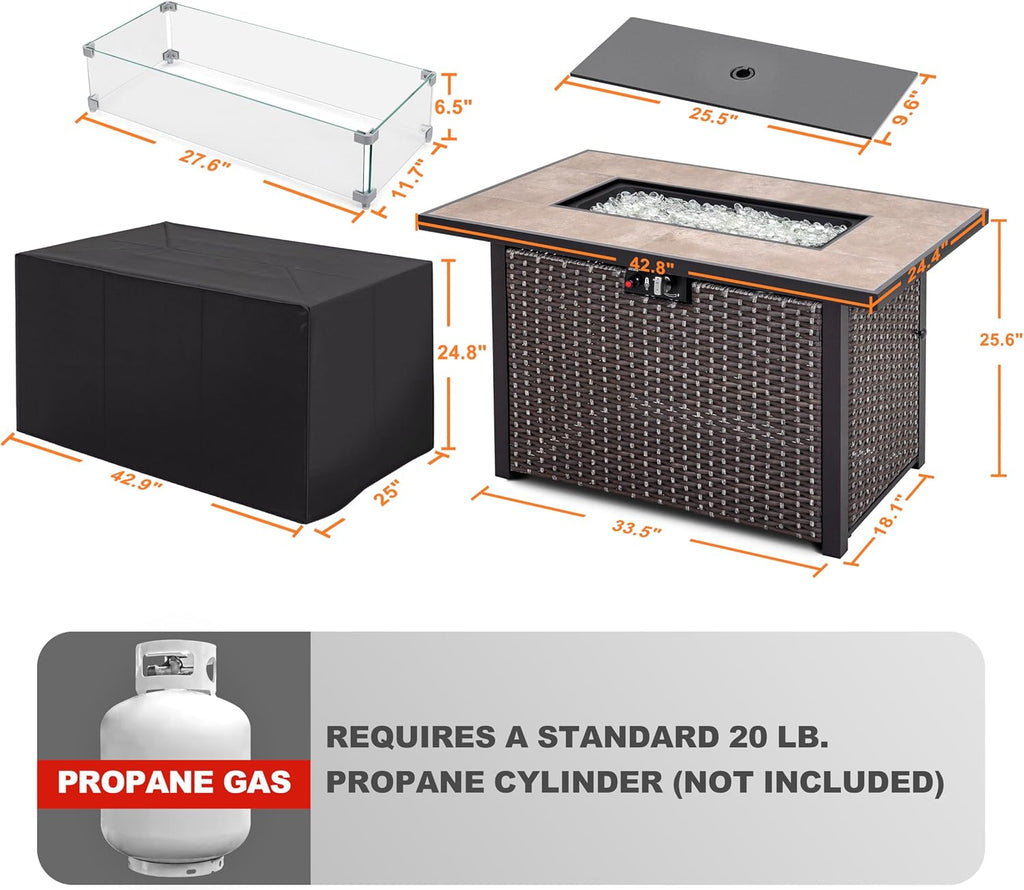 Nuu Garden 43' Propane Fire Pit Table, CSA Certified 50,000 BTU Outdoor Patio Propane Fire Pit Table with Fire Pit Wind Guard, Removable Lid, Ceramic Tabletop, Water-Proof Oxford Cover, Dark Brown