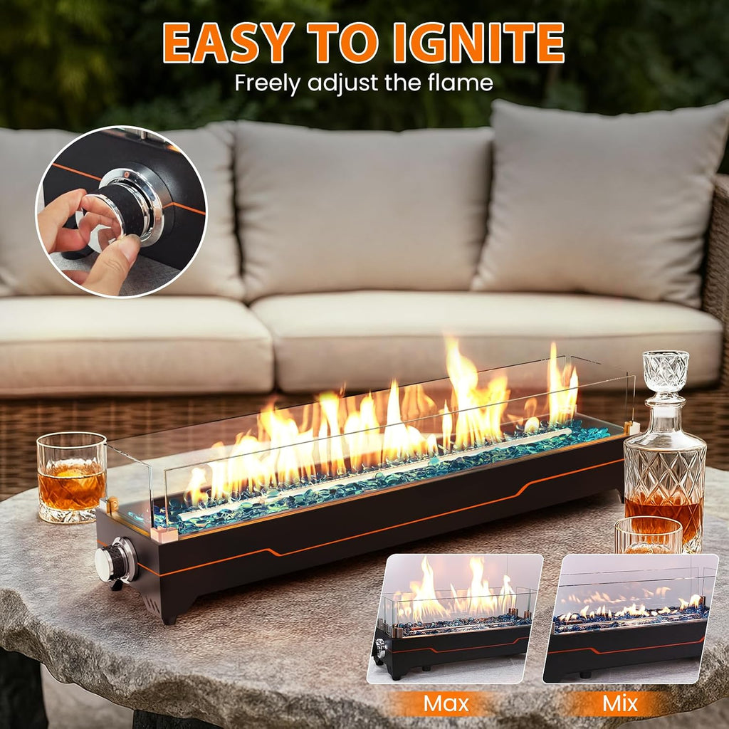GRISUN Tabletop Fire Pit,28 Inch Propane Fire Pit Table,45000 BTU Table Top Firepit with Glass Wind Guard,Stainless Steel Burner,Fire Glass,Portable Propane fire Pit for Patio, Camping, Backyard & RV