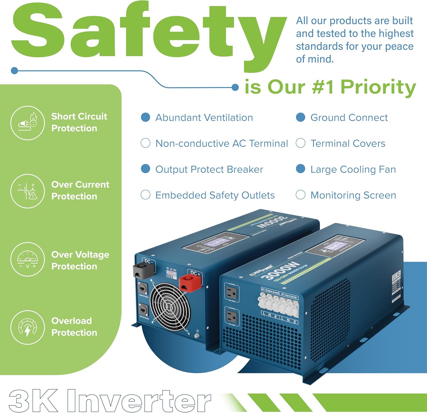 ExpertPower 3000W Pure Sine Wave Inverter Charger | Peak 9000W | DC 12V - AC 110V | LifePO4/ Lithium Battery Compatible | Auto Transfer Switch | LCD Display