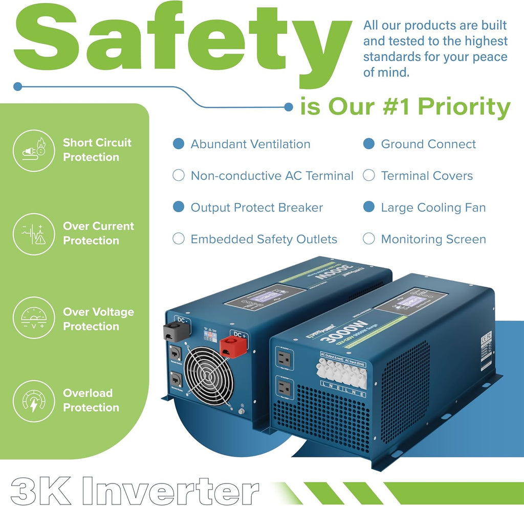 ExpertPower 3000W Pure Sine Wave Inverter Charger | Peak 9000W | DC 12V - AC 110V | LifePO4/ Lithium Battery Compatible | Auto Transfer Switch | External Display