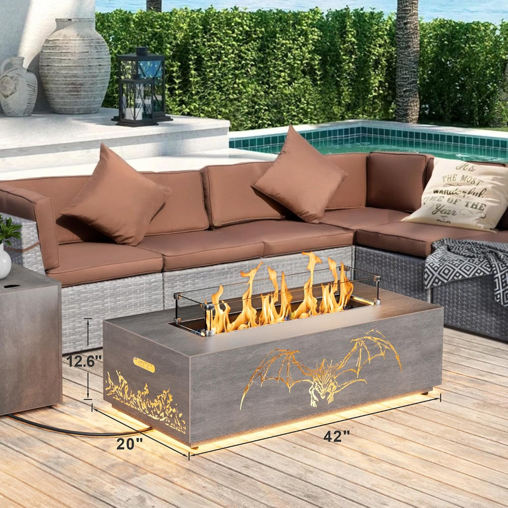SUNPEAK 42' Propane Fire Pit table with LED Light - 50,000 BTU with Wind Guard, Lid, Rocks and Cover - Gas Fire Pits for Outside Patio - Fire Pit Tables for Outside Patio (Grey/Dragon Cutout, 42' LED)