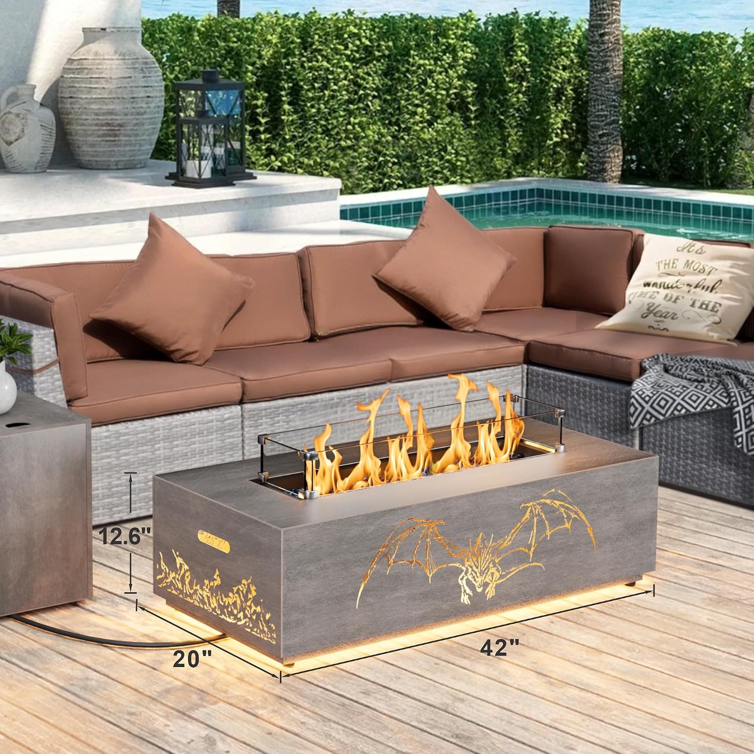SUNPEAK 42' Propane Fire Pit table with LED Light - 50,000 BTU with Wind Guard, Lid, Rocks and Cover - Gas Fire Pits for Outside Patio - Fire Pit Tables for Outside Patio (Grey/Dragon Cutout, 42' LED)