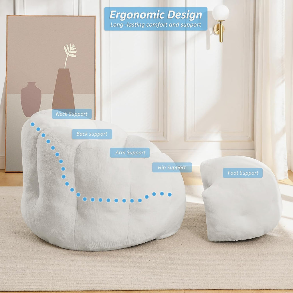 Bean Bag Chair with Ottoman, Flower Shape Bean Bag Chairs for Adults and Teens, Comfy Plush Faux Fur Bean Bags for Living Room, Bedroom, Apartment, Dorm, White