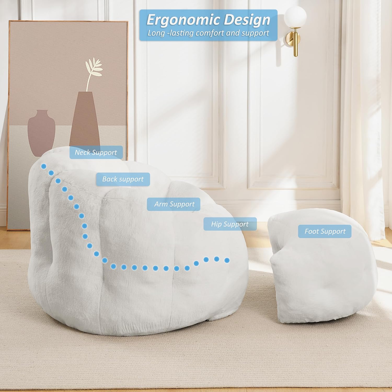Bean Bag Chair with Ottoman, Flower Shape Bean Bag Chairs for Adults and Teens, Comfy Plush Faux Fur Bean Bags for Living Room, Bedroom, Apartment, Dorm, White