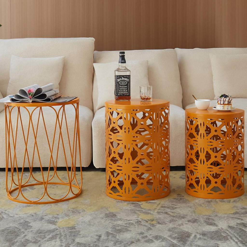 Y&M Metal Round Table, Coffee Table End Patio Table for Indoor Outdoor Multifunctional Use, Heavy Duty Metal Plant Stand Decorative Garden Stool Set of 3 - Orange
