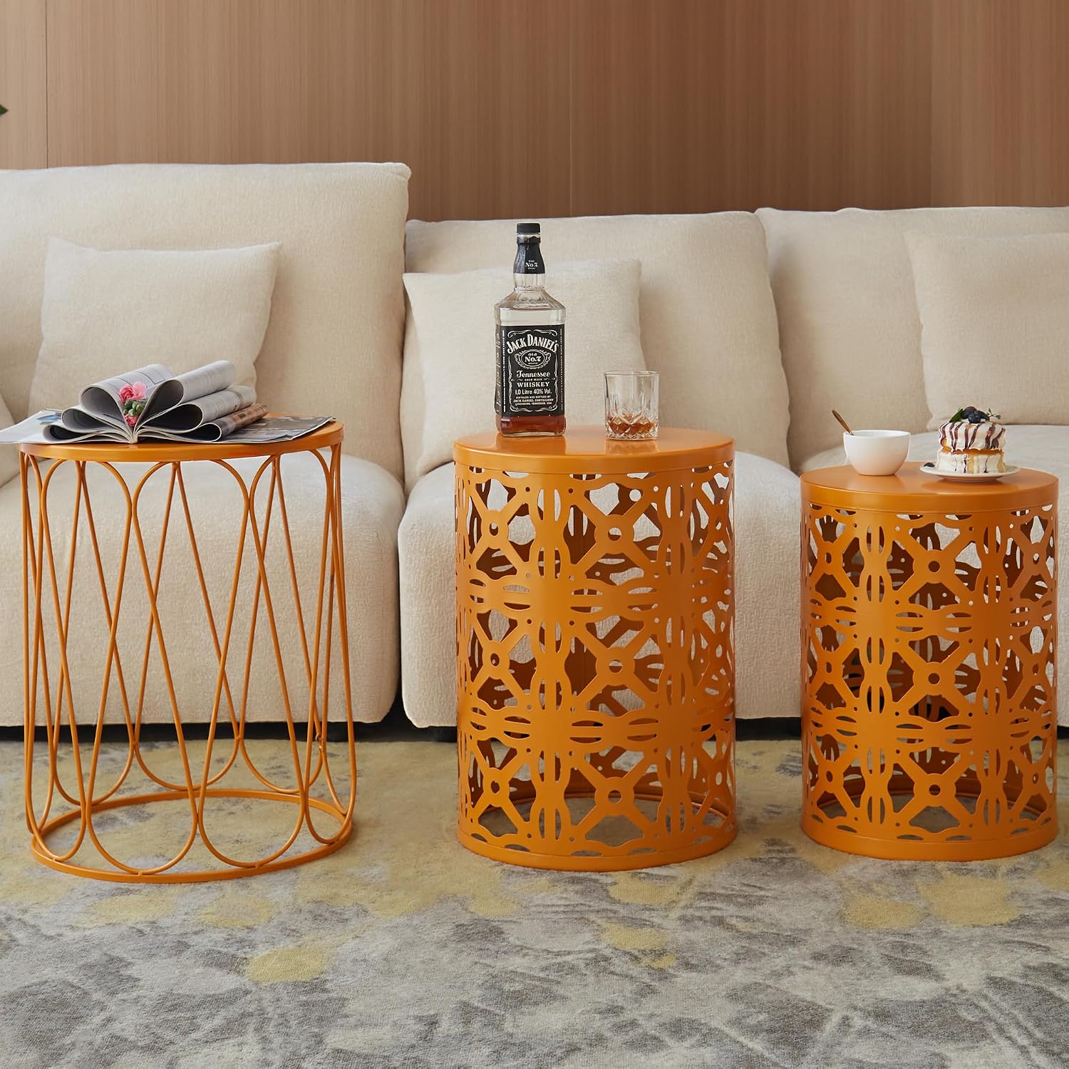 Y&M Metal Round Table, Coffee Table End Patio Table for Indoor Outdoor Multifunctional Use, Heavy Duty Metal Plant Stand Decorative Garden Stool Set of 3 - Orange