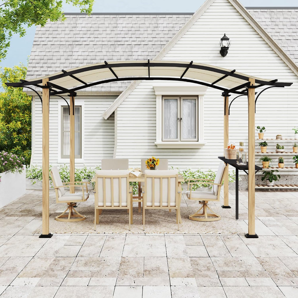 10' x 13' Arched Top Outdoor Pergola, Aluminum Frame Gazebo with Storage Shelf, Wood-Like Frame Patio Pergola Shade for Patio, Backyard, Garden, Poolside, Beige