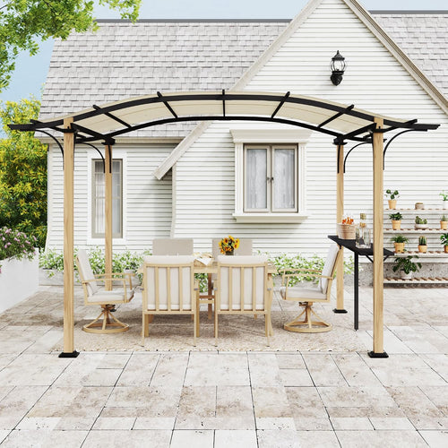 10' x 13' Arched Top Outdoor Pergola, Aluminum Frame Gazebo with Storage Shelf, Wood-Like Frame Patio Pergola Shade for Patio, Backyard, Garden, Poolside, Beige
