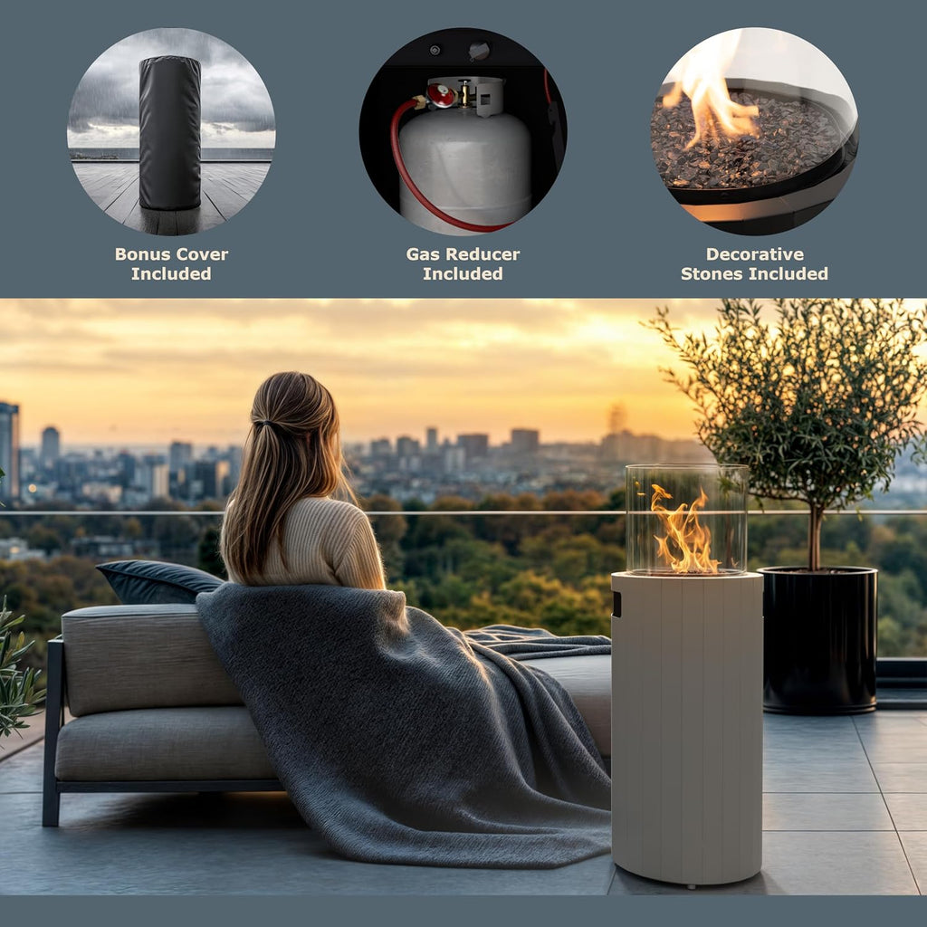 Planika BINO Outdoor Gas Fireplace - Fire Column with Glass Shield for Patio or Gardens (Outdoor Cover Incl) (Grey)