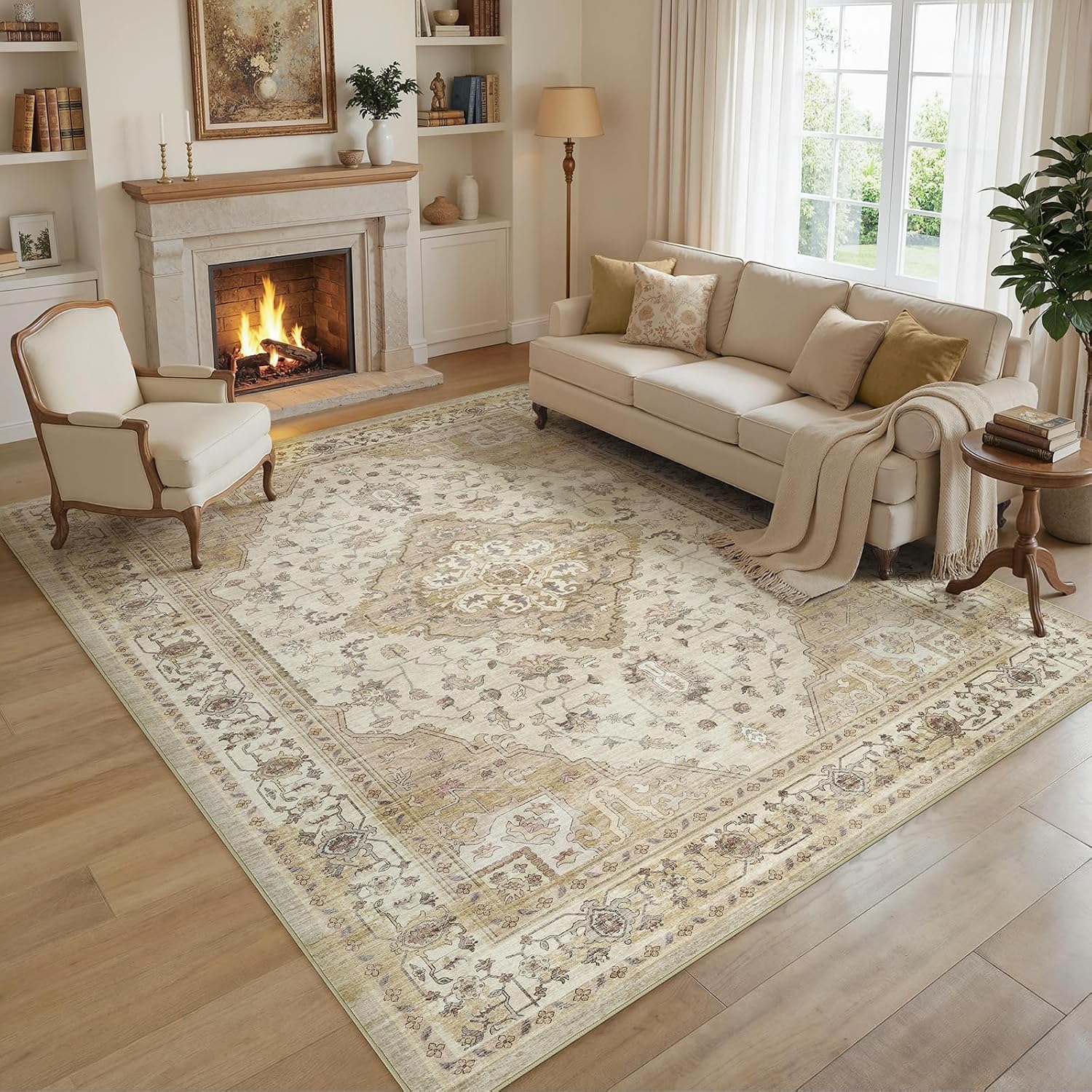 10x12 Living Room Area Rugs, Vintage Washable Rugs Non-Slip Large Carpet for Bedroom Office Dining Room Kitchen, Soft Thin Stain Resistant Retro Neutral Rug, Beige