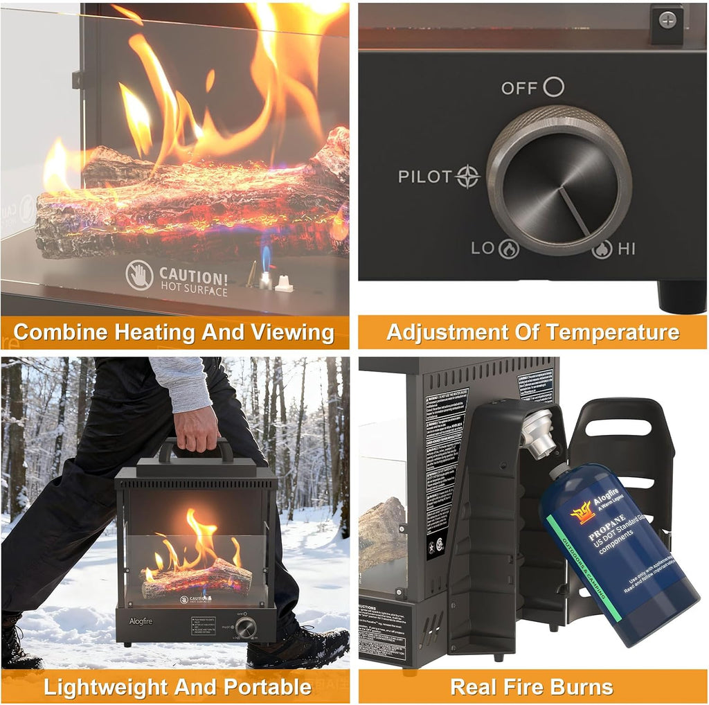 Portable Gas Fire Pit, Alogfire 8200 BTU Propane Gas Heater and Outdoor Real Flame Tabletop Fire Bowl with Safety Protection for Camping, Fishing, Hiking