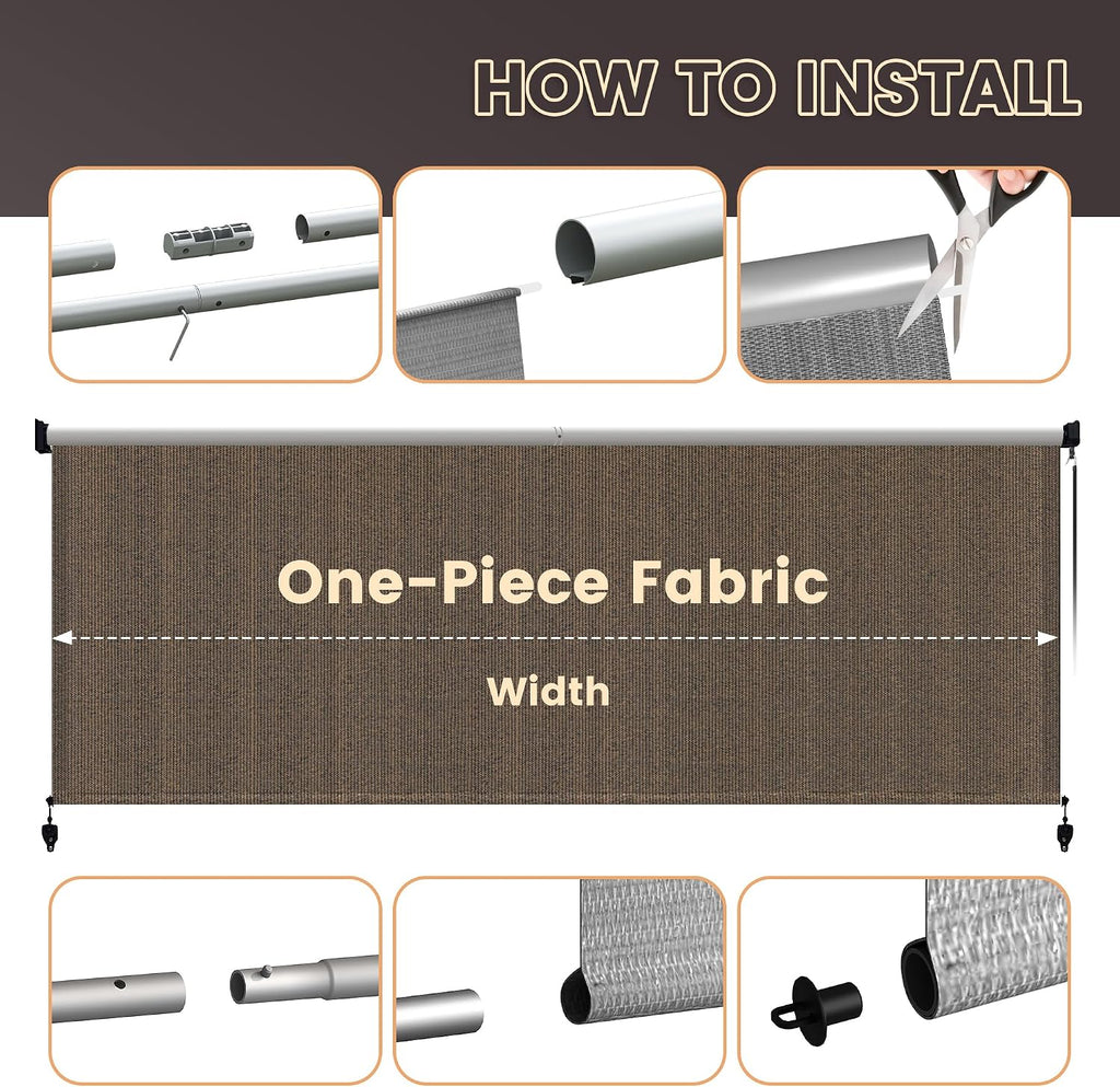 VICLLAX Cordless Outdoor Roller Shade for Patio 9 ftx8 ft, Outdoor Blind Patio Shade Roller Up for Porch Gazebo with Spliced Design, Mocha