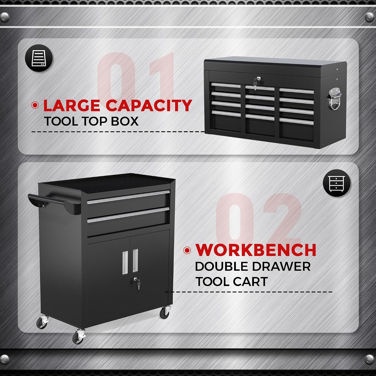 INTERGREAT 8-Drawers Rolling Tool Chest, Assembled Tool Chest with Wheels, Detachable Top Tool Box, Tool Cabinet for Repair Room,Warehouse, Rolling Tool Box with Hooks,Tray Divider,Liners(Black)