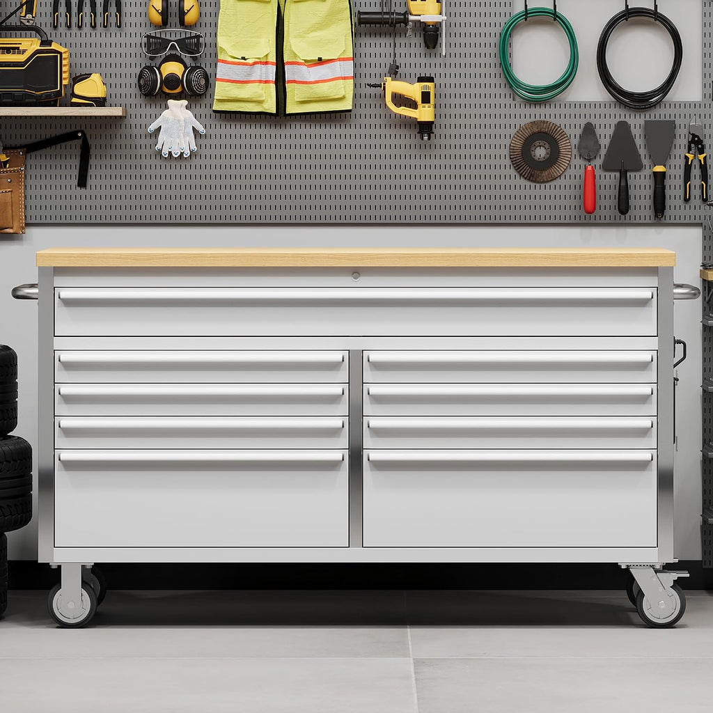 IDEALHOUSE 61 inch Rolling Tool Chest, Garage Workbench with 9 Drawers, Solid Rubber Wood Top & with Wheels Lock Key Locking, Mobile Workstation Tool Cabinet for Workshop Storage