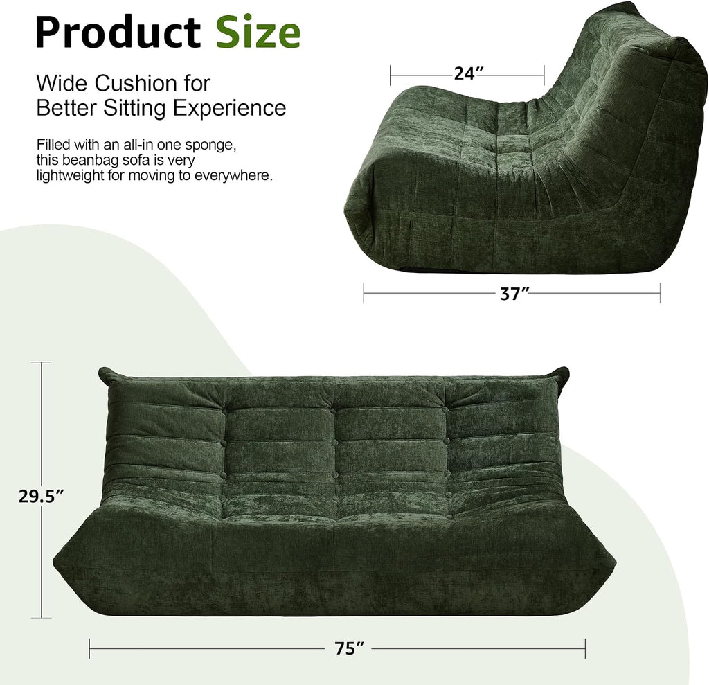 Bean Bag Chairs for Adults Giant Bean Bag Chair Memory Foam BeanBag Chair Bean Bag Sofa with Filler Faux Fur Fireside Beanbags Lazy Sofa for Living Room Bedroom Office (Green Chenille, 3-Seater)
