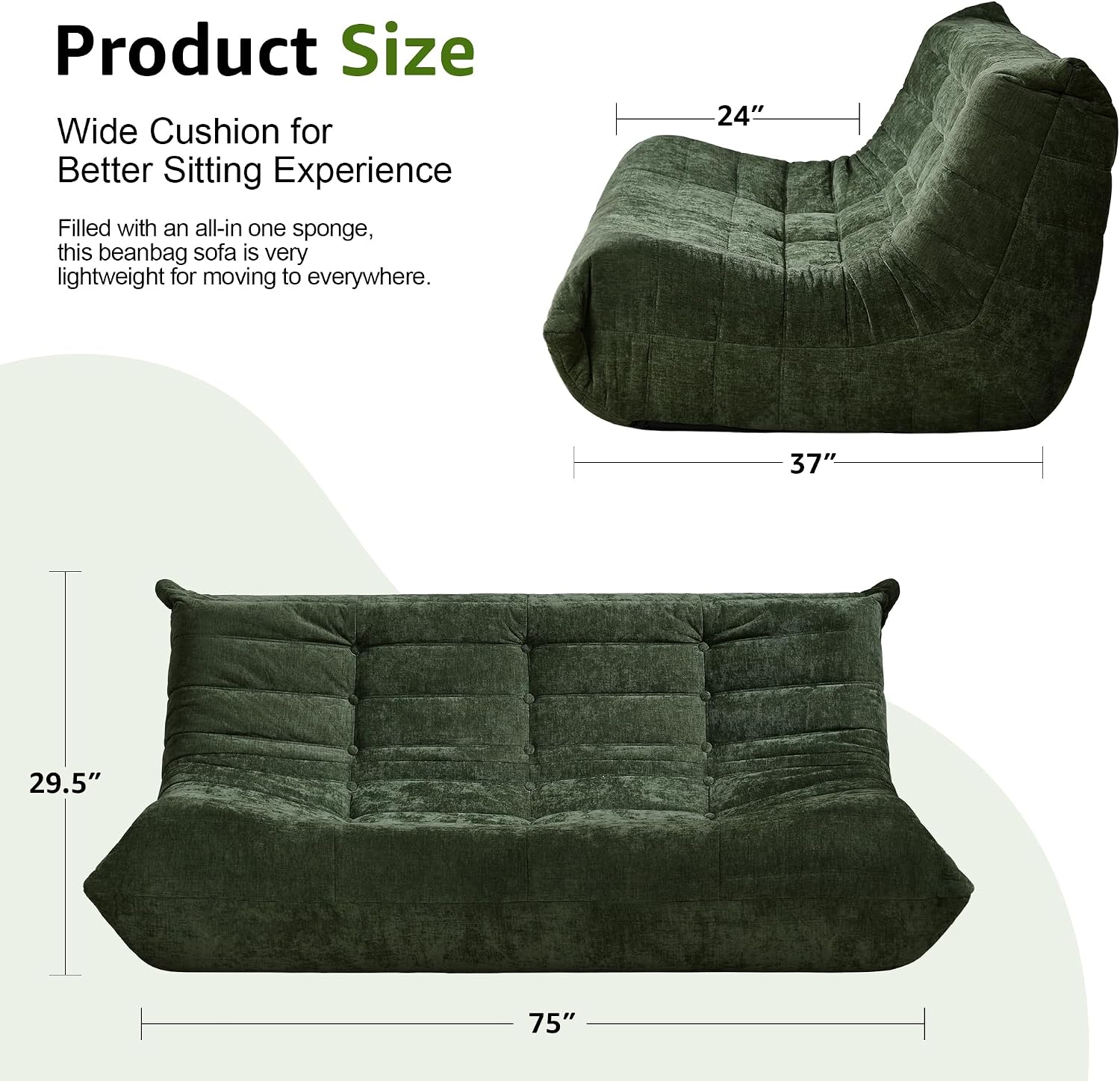 Bean Bag Chairs for Adults Giant Bean Bag Chair Memory Foam BeanBag Chair Bean Bag Sofa with Filler Faux Fur Fireside Beanbags Lazy Sofa for Living Room Bedroom Office (Green Chenille, 3-Seater)