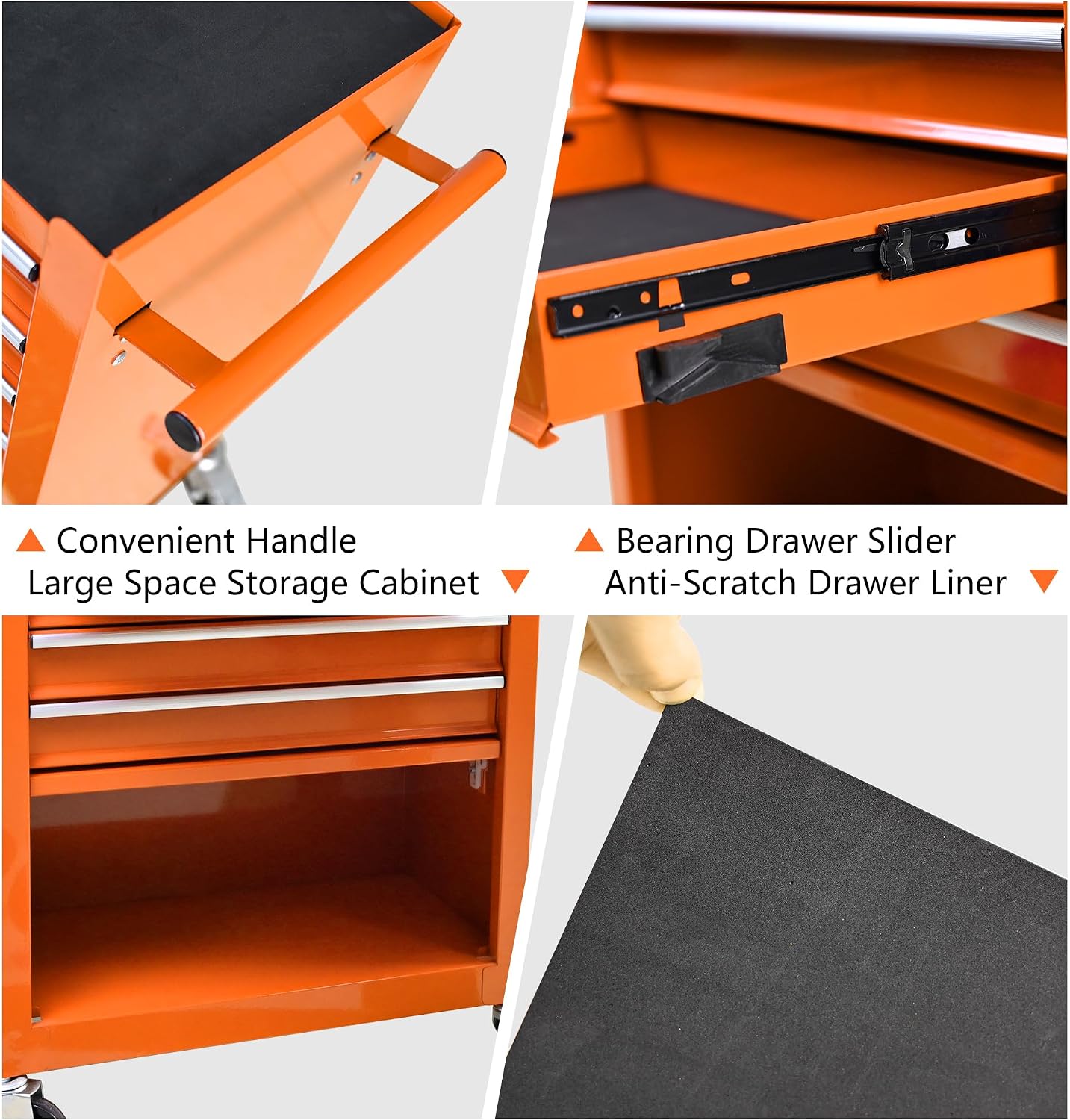 4 Drawers Rolling Tool Chest Cart. Tool Storage Cabinet with 4 Wheels.Tool Cabinet Trolley with Locking System and Drawer Liners.Tool Storage Cart for Garage,Workshop.Toolbox Cart-Orange Plus