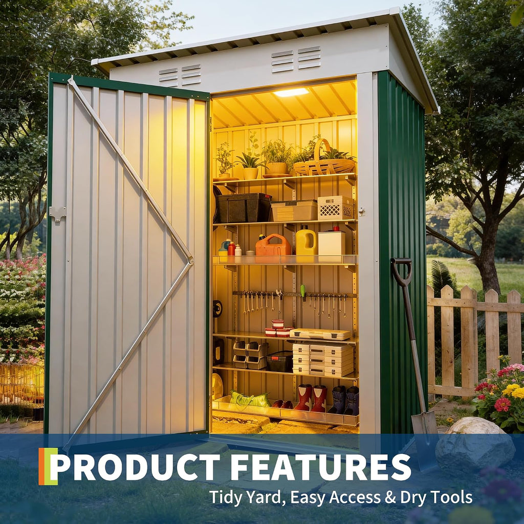 Garvee Metal Tool Shed with Single Door - Slanted Roof, Small Size, 5x3FT, Garden Storage, Outdoor Iron Tool Storage